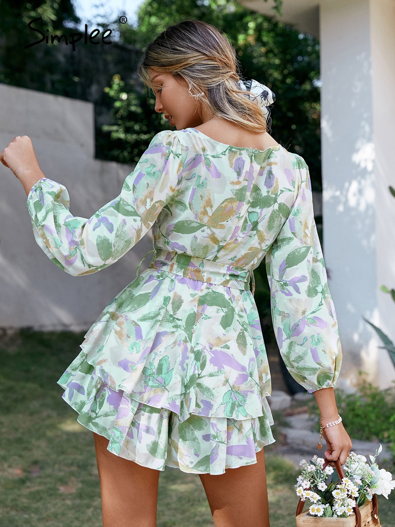 Holiday sash long sleeve ruffle print romper summer Lace up floral short overall A-line v-neck beach rompers The Clothing Company Sydney