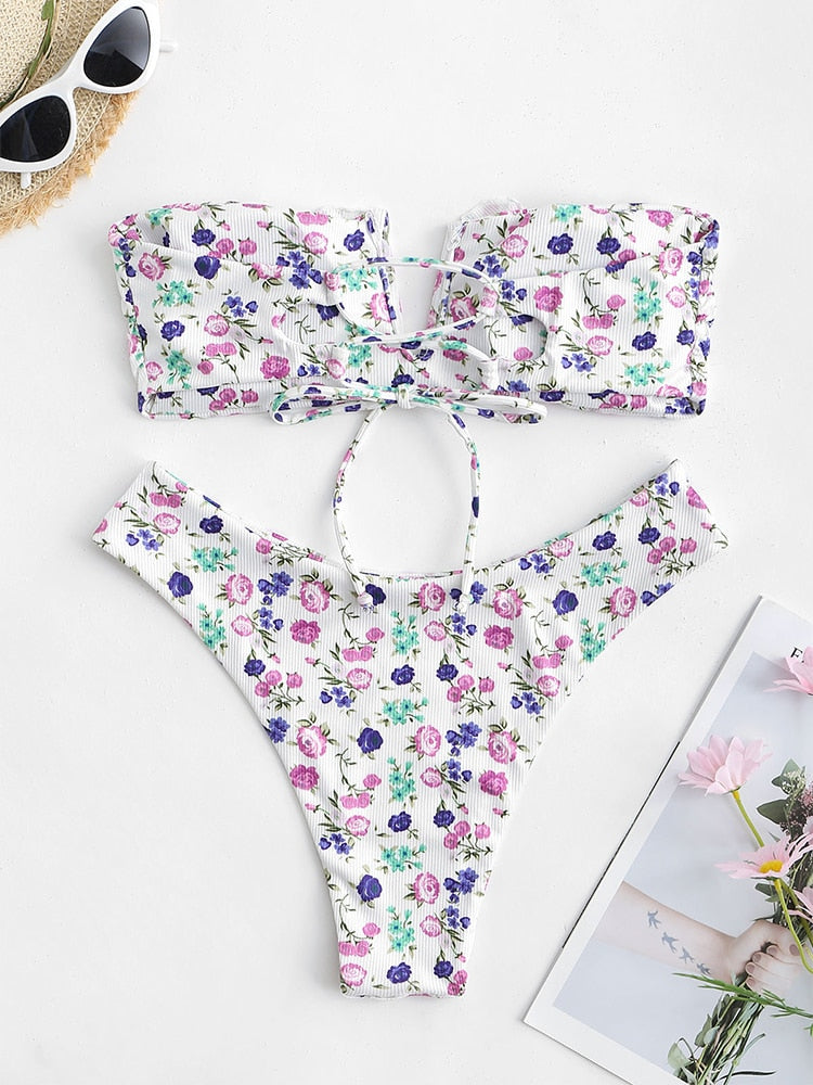 V-wired Ruffle Ribbed High Cut Bikini Swimwear High Cut Strapless Lace Up Removable Padded Women Bathing Suit The Clothing Company Sydney