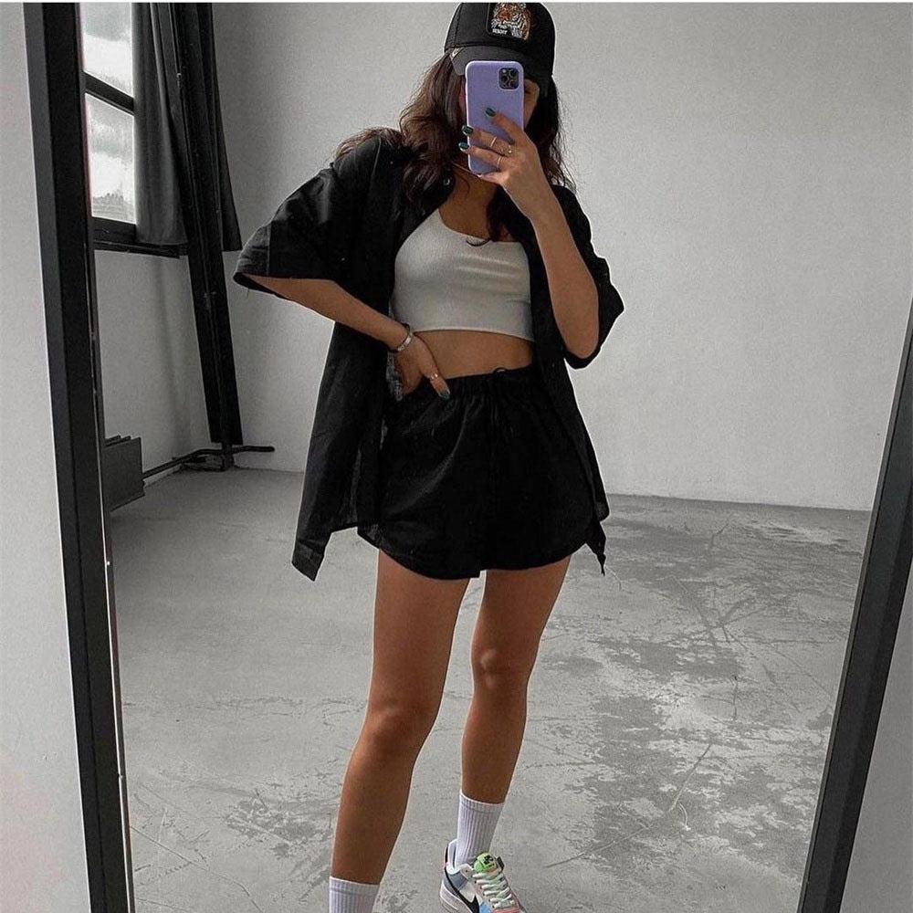 2 Piece Long Sleeve Shirt With Mini Shorts Cotton Stretch Waist Two Pieces Ladies Outfits Blouses Fashion Set The Clothing Company Sydney