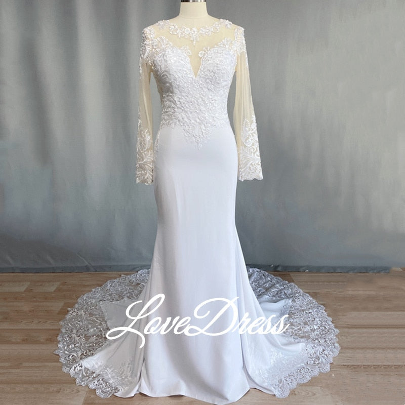 Elegant Scoop Mermaid Wedding Dresses Long Sleeves Illusion Back Buttons Lace Applique Train Gown The Clothing Company Sydney