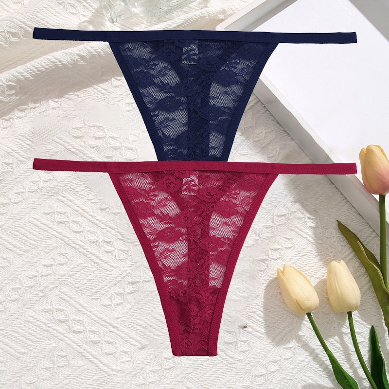 2 Pack Set Women's Lace Panties Low Waist G-String Underwear Solid Hollow Out Transparent Thong Soft Breathable Lingerie The Clothing Company Sydney