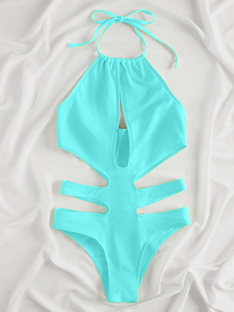 Solid Tied Halter Swimwear Women High Waist Push Up Hollow One Piece Swimsuit Monokini Summer Bathing Suit The Clothing Company Sydney