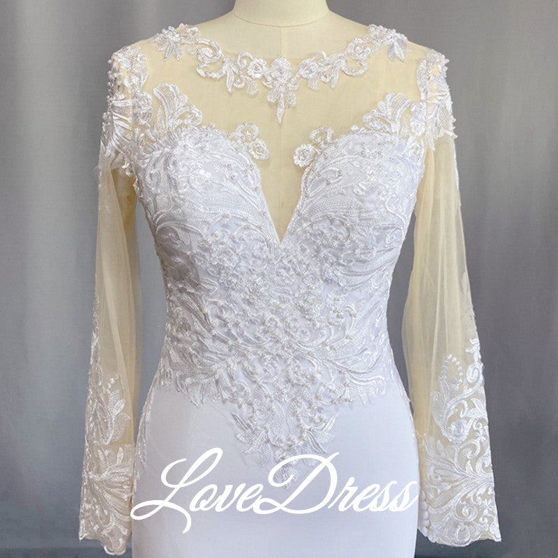 Elegant Scoop Mermaid Wedding Dresses Long Sleeves Illusion Back Buttons Lace Applique Train Gown The Clothing Company Sydney