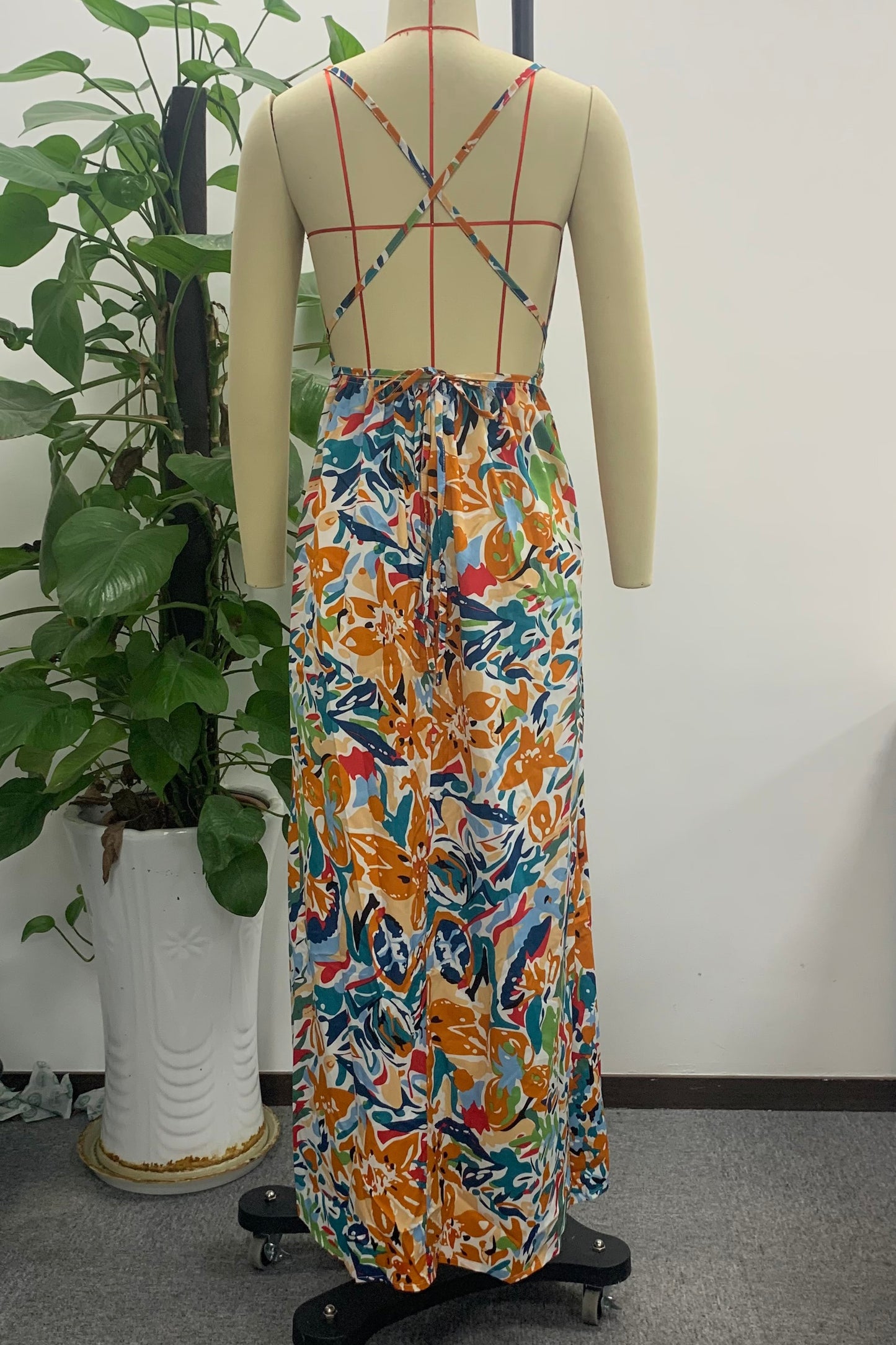 Holiday print straps backless summer party dress women High waist lace up split maxi dresses V-neck beach Dress The Clothing Company Sydney