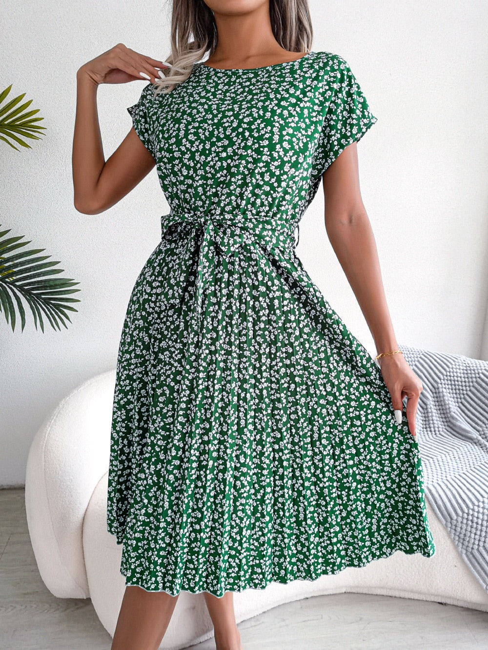 Floral Pleated A Line Long Dress Spring Summer Short Sleeve High Waist Chic Dress The Clothing Company Sydney