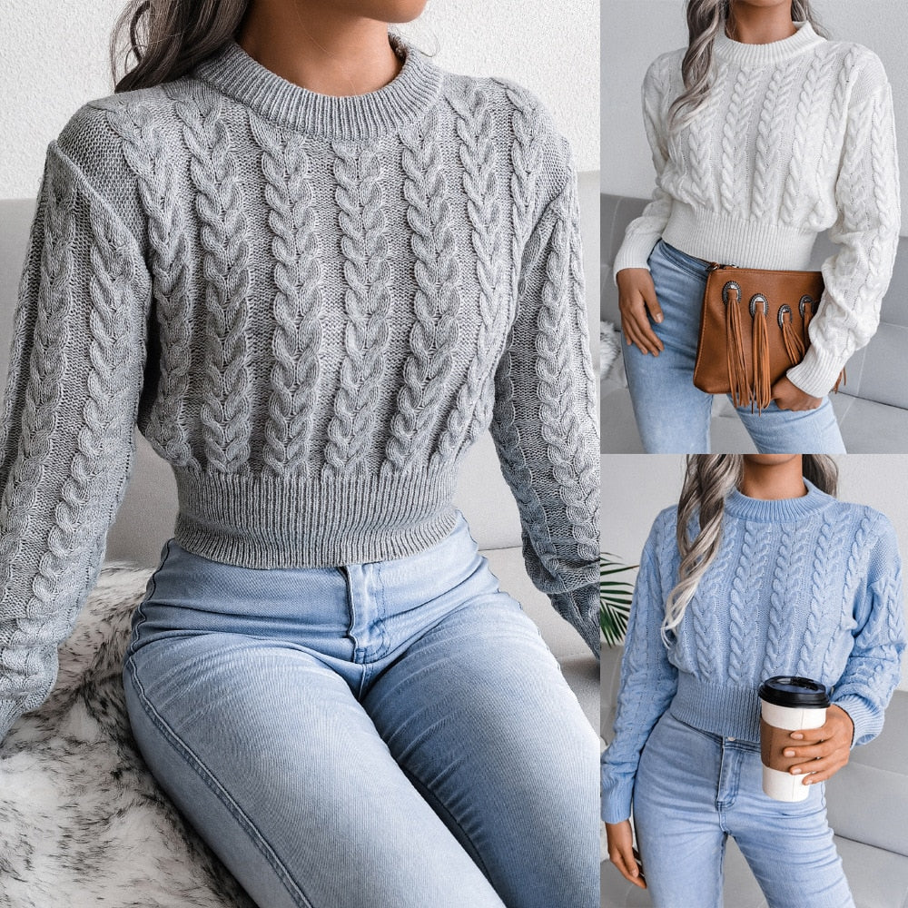 Women's Autumn Winter Long Sleeve Twist Neck Knit Crop Sweater Fashion Slim All Match Pullover Jumper Top The Clothing Company Sydney