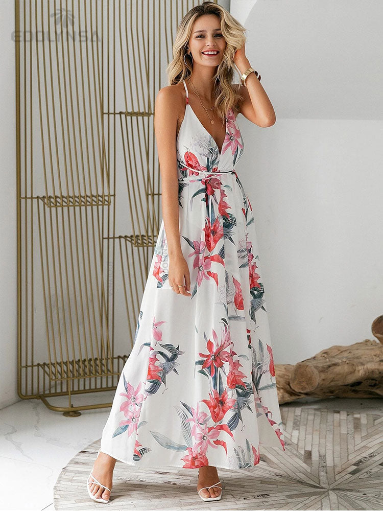 Elegant Ladies Print Spaghetti Strap Beach Holiday High Waist A-line Dress Casual Summer Split Dress The Clothing Company Sydney