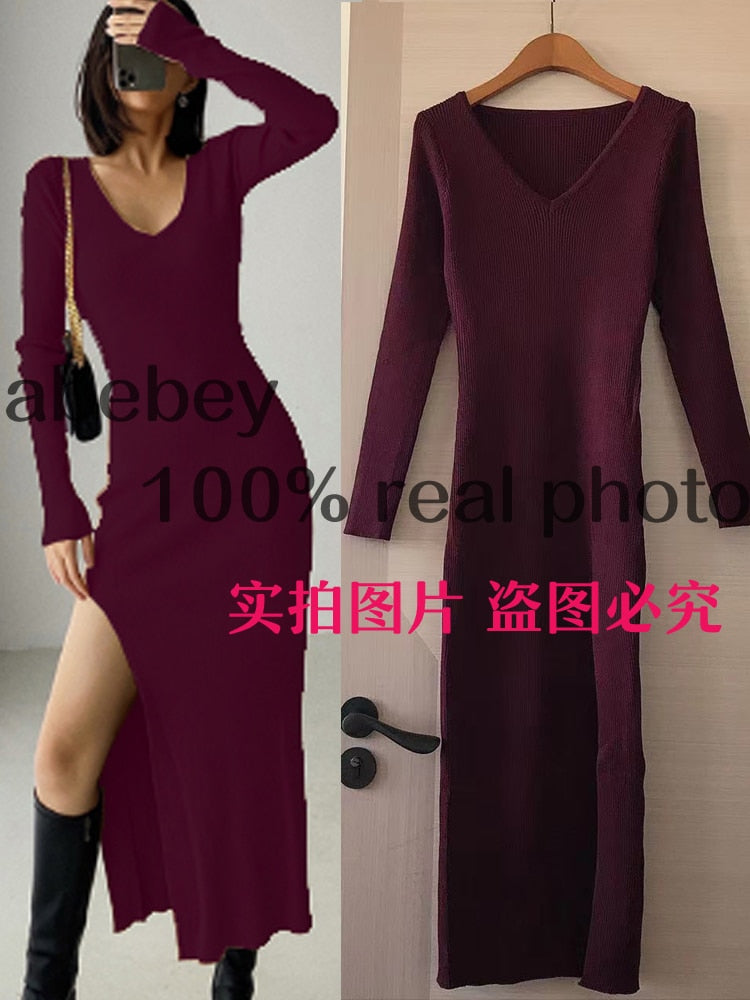 Long Sleeve slit sweater dress slim tight fitting hip knit over the knee dresses The Clothing Company Sydney