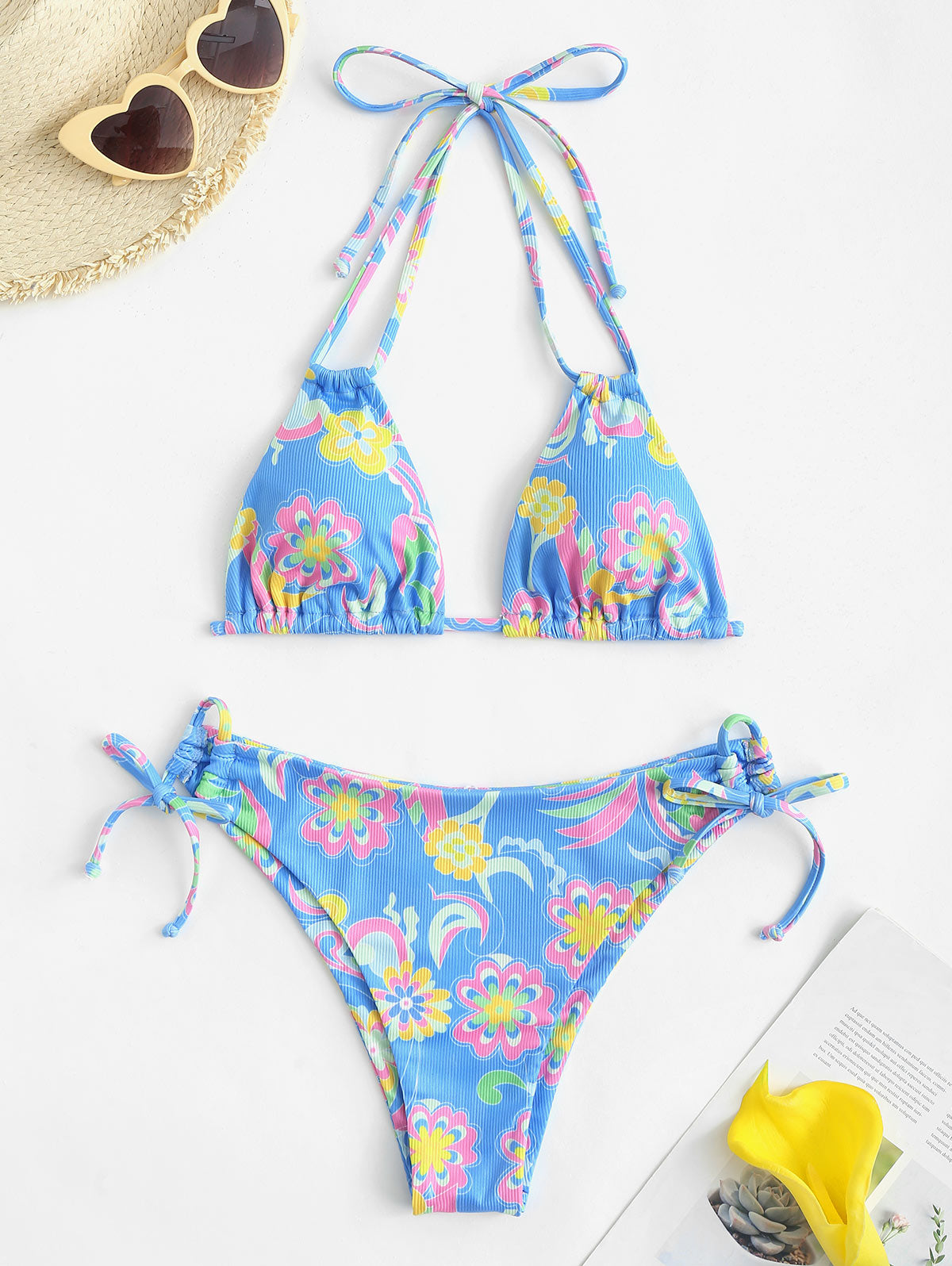 Ribbed Flower Print Tie Side Bikini Set Two-piece Swimwear Low Waisted Padded Bathingsuit The Clothing Company Sydney