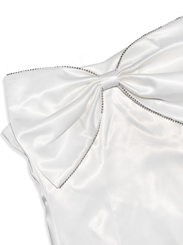 Satin Strapless White Bodycon Dress Mini Diamonds Bow Wedding Guest Night Party Dresses Summer Women's Dress The Clothing Company Sydney