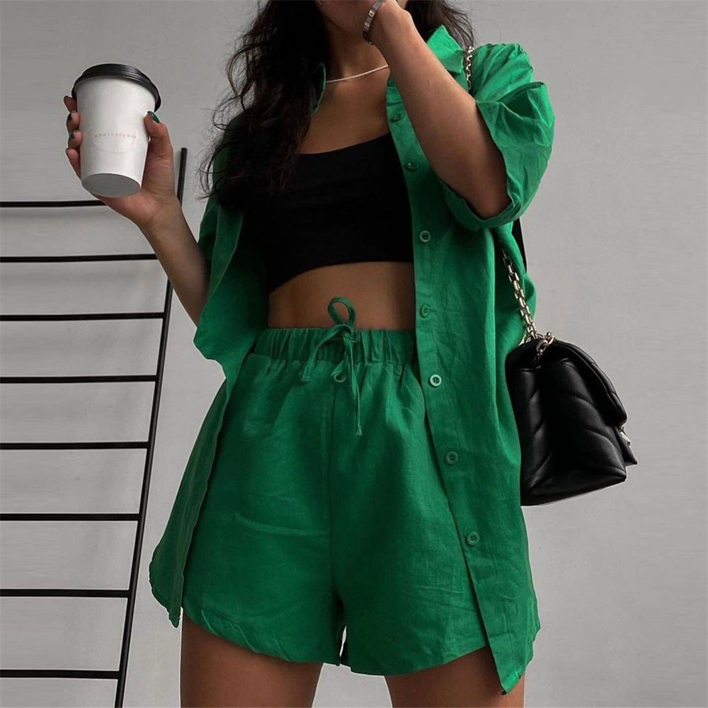 2 Piece Long Sleeve Shirt With Mini Shorts Cotton Stretch Waist Two Pieces Ladies Outfits Blouses Fashion Set The Clothing Company Sydney