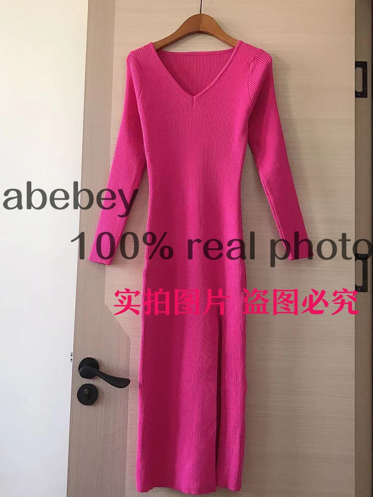 Long Sleeve slit sweater dress slim tight fitting hip knit over the knee dresses The Clothing Company Sydney
