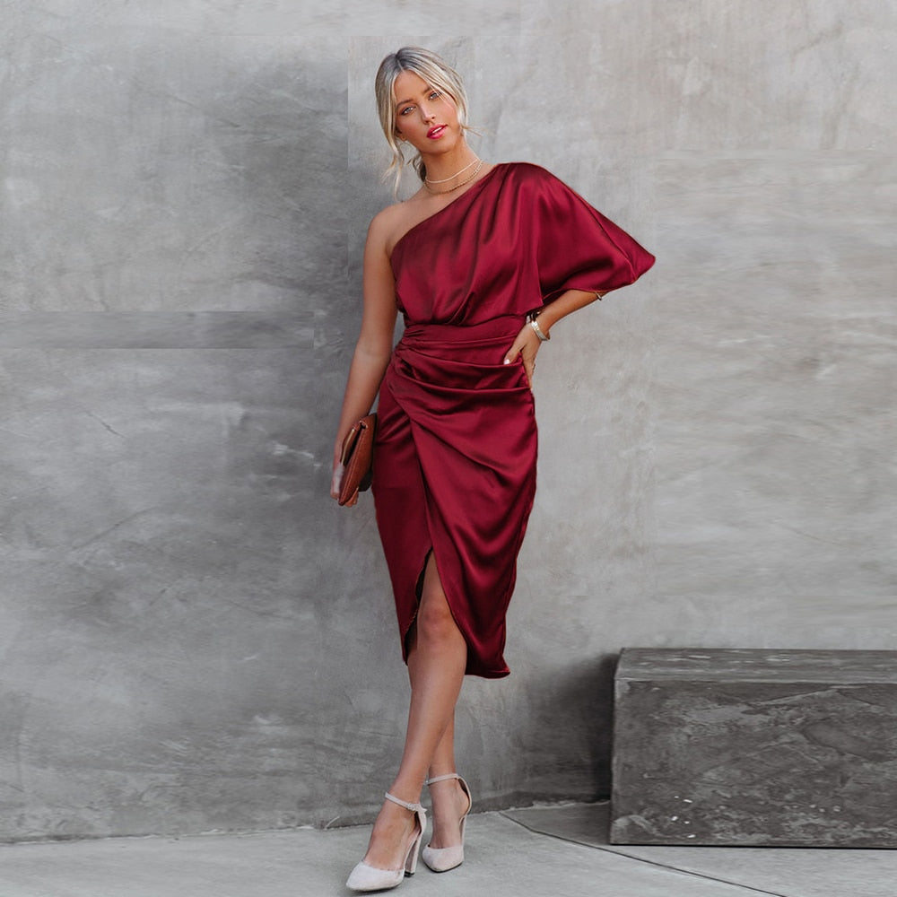 Satin One Shoulder Irregular Hem Midi Dress Solid Champagne Fitted Club Party Bodycon Dress Summer Dress The Clothing Company Sydney