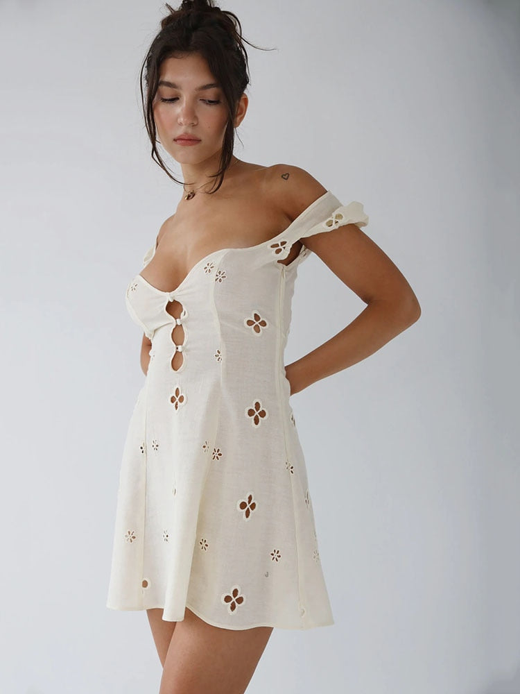 Square Neck Black White Mini Summer High Waist Short Sleeve Beachwear Bodycon Hollow Out Sundress Dress The Clothing Company Sydney