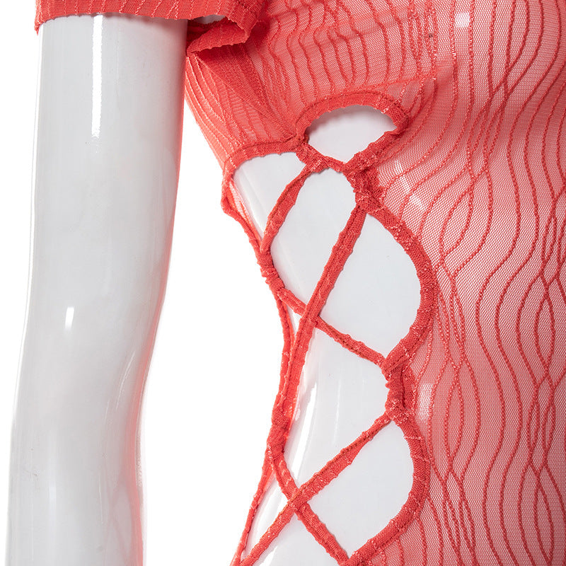 Print Hollow Out Lace Up Mini O Neck Short Sleeve See Through Summer Fairy Grunge Dress The Clothing Company Sydney