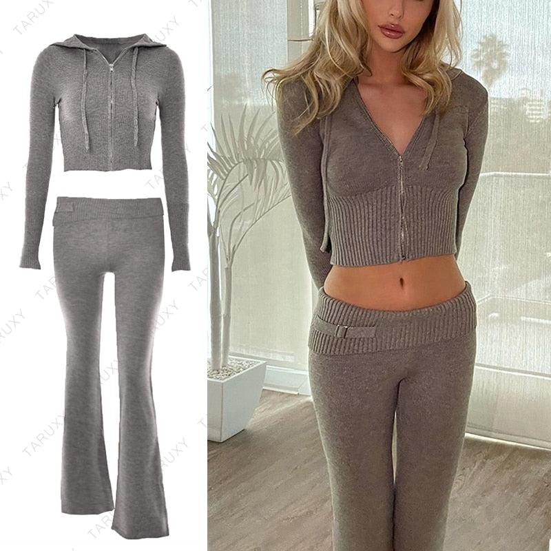 Women's Spring Outfits Casual Zipper Sweater Hoodie Set High Waist Flare Pants Suits Pink Knitted Y2k Two Piece Set The Clothing Company Sydney