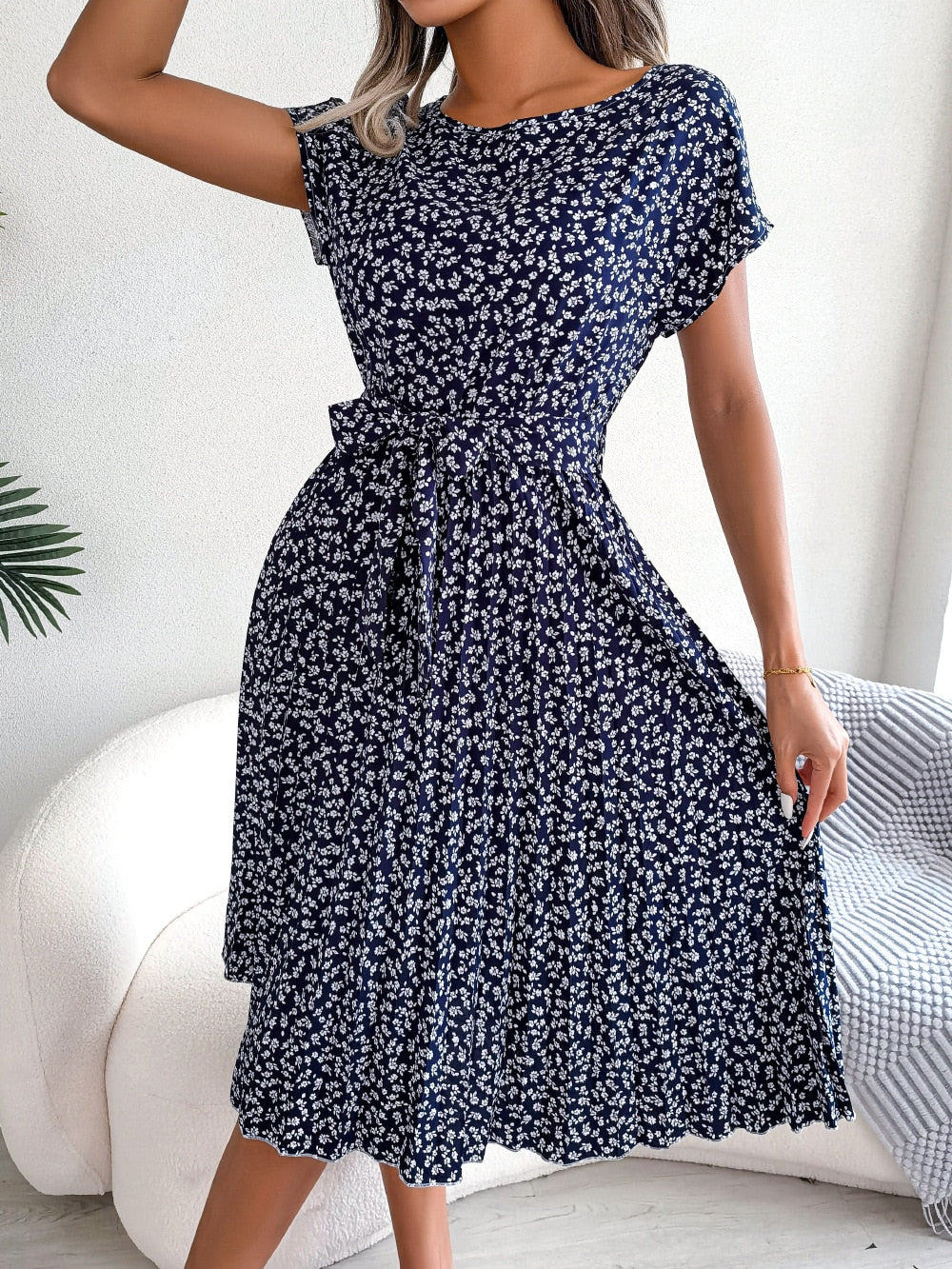 Floral Pleated A Line Long Dress Spring Summer Short Sleeve High Waist Chic Dress The Clothing Company Sydney