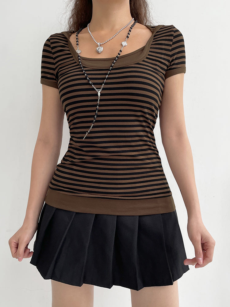 Y2K Striped Crop Top Hooded Short Sleeve T Shirt Women's Cute Retro Brown Summer Tee Casual Tshirt The Clothing Company Sydney