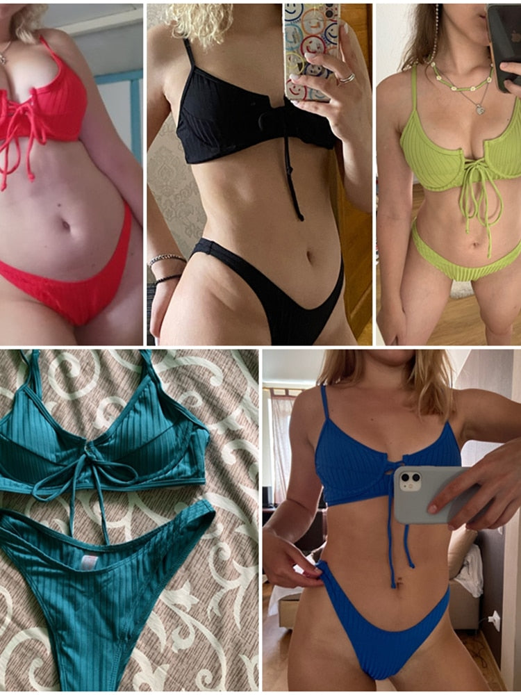 Ribbed High Cut Swimsuit Solid Push Up swimwear String Knot Bathing Suits Bikini Set The Clothing Company Sydney