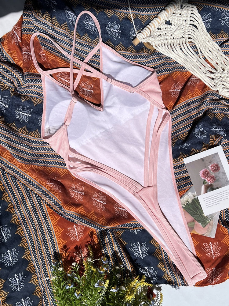 Backless Swimsuit One Piece Thong Bathing Suit Pink Cross Straps Tanga G String Beach Wear Summer Outfit The Clothing Company Sydney