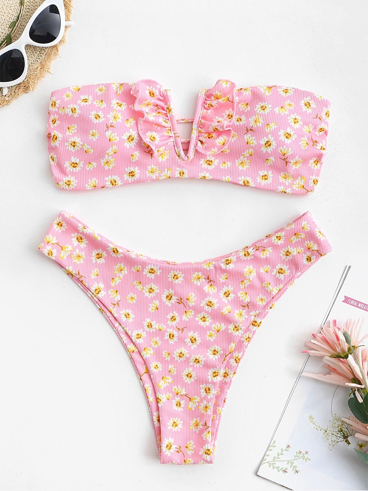 V-wired Ruffle Ribbed High Cut Bikini Swimwear High Cut Strapless Lace Up Removable Padded Women Bathing Suit The Clothing Company Sydney