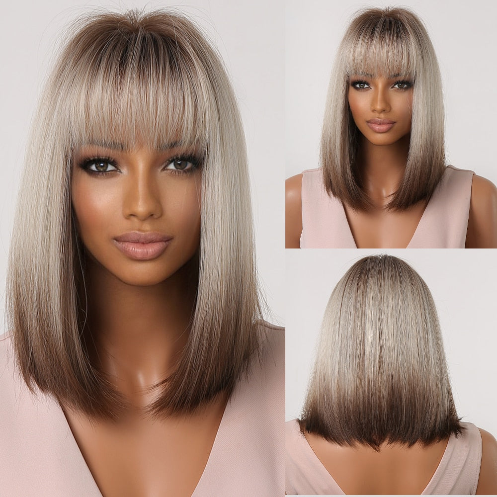 Short Straight Synthetic Wigs for Women Blonde to Brown Ombre Bob Wigs with Bangs Daily Cosplay Party Heat Resistant Wigs The Clothing Company Sydney