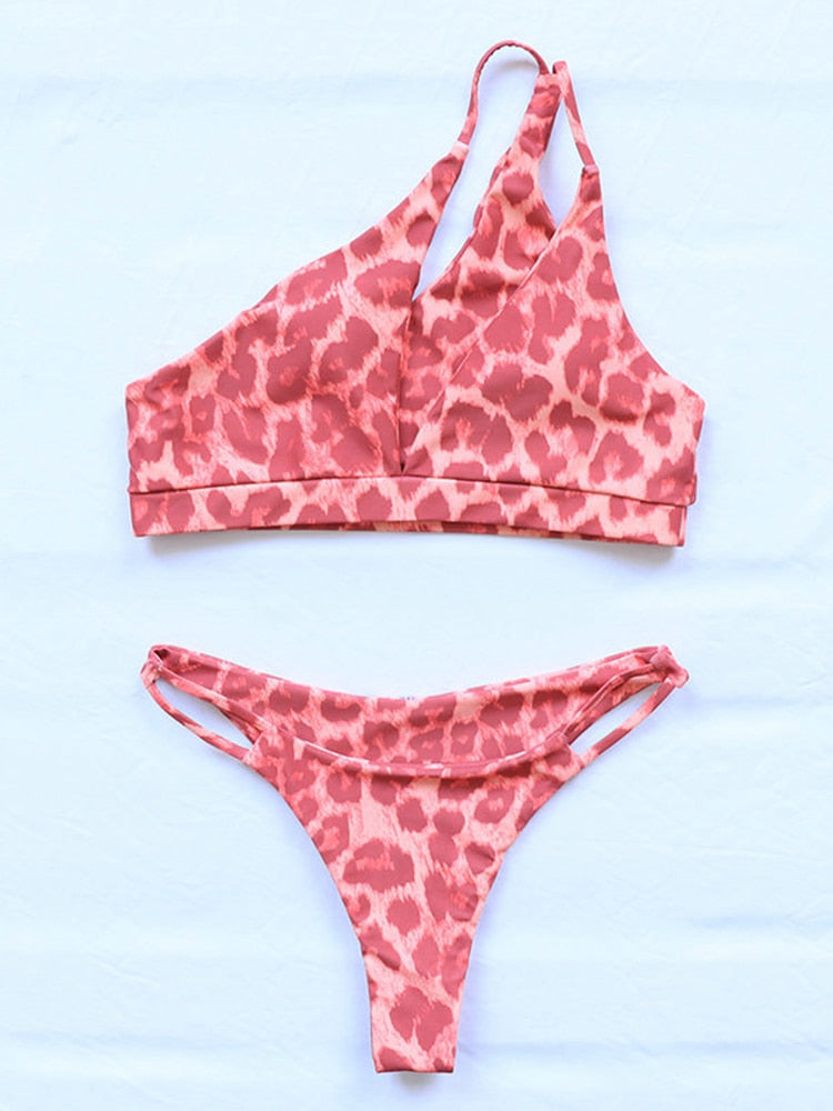 2 Piece Leopard Bikini Swimsuit One Shoulder Swimwear Micro Thong Bathing Suit Women Push Up Beachwear The Clothing Company Sydney