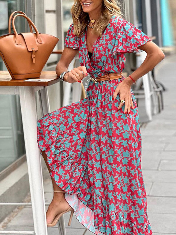 Bohemian Printed V-Neck High Waist Summer Elegant Ruffle Butterfly Sleeve Trumpet / Mermaid Maxi Dress The Clothing Company Sydney