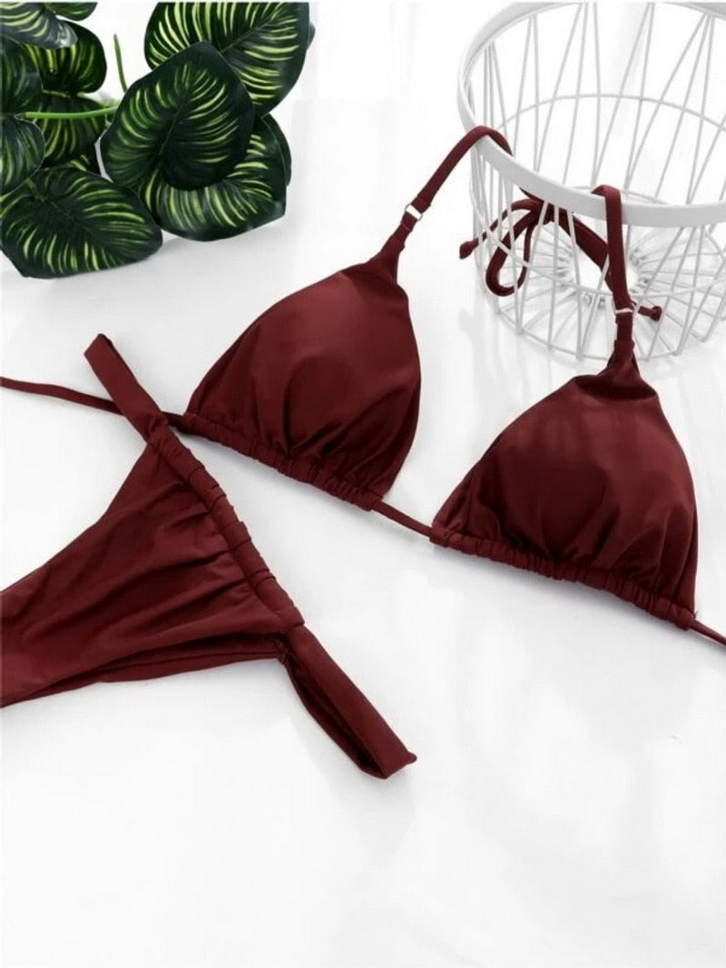 2 Piece Solid Brazilian Bikini Micro Halter Swimwear T-back Swimsuit Thong Bikini Set Bathing Suit The Clothing Company Sydney