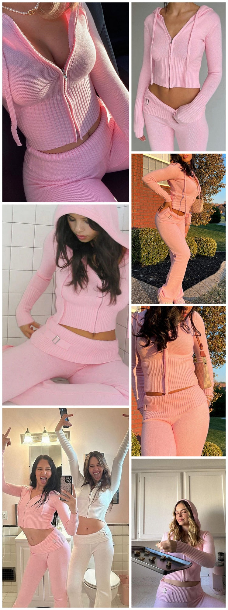 Women's Spring Outfits Casual Zipper Sweater Hoodie Set High Waist Flare Pants Suits Pink Knitted Y2k Two Piece Set The Clothing Company Sydney
