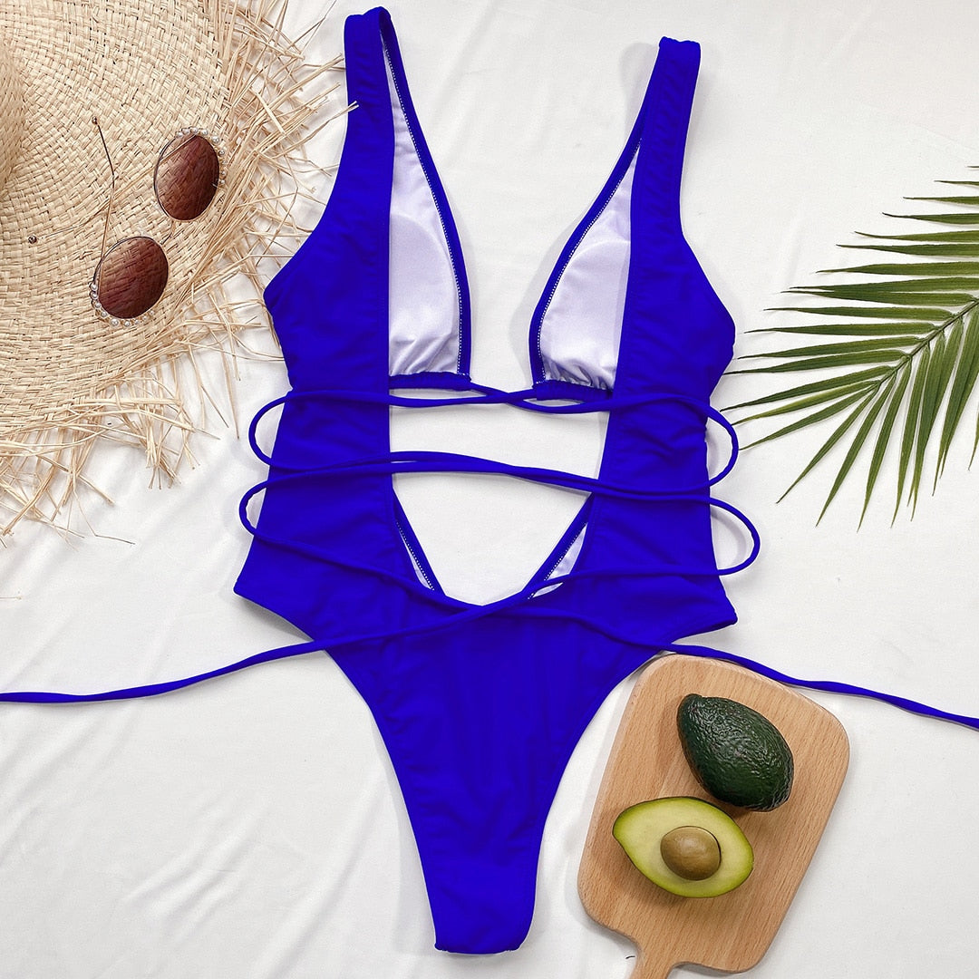 Bandage Wrap Around Tummy Cut Out Deep V Monokini One Piece Swimsuit Swimwear Bather Bathing Suit - The Clothing Company Sydney