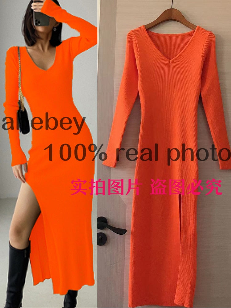 Long Sleeve slit sweater dress slim tight fitting hip knit over the knee dresses The Clothing Company Sydney