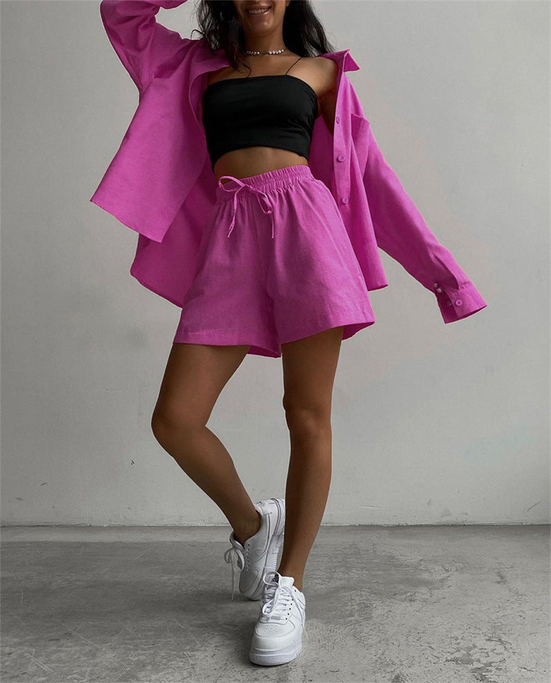 2 Piece Long Sleeve Shirt With Mini Shorts Cotton Stretch Waist Two Pieces Ladies Outfits Blouses Fashion Set The Clothing Company Sydney