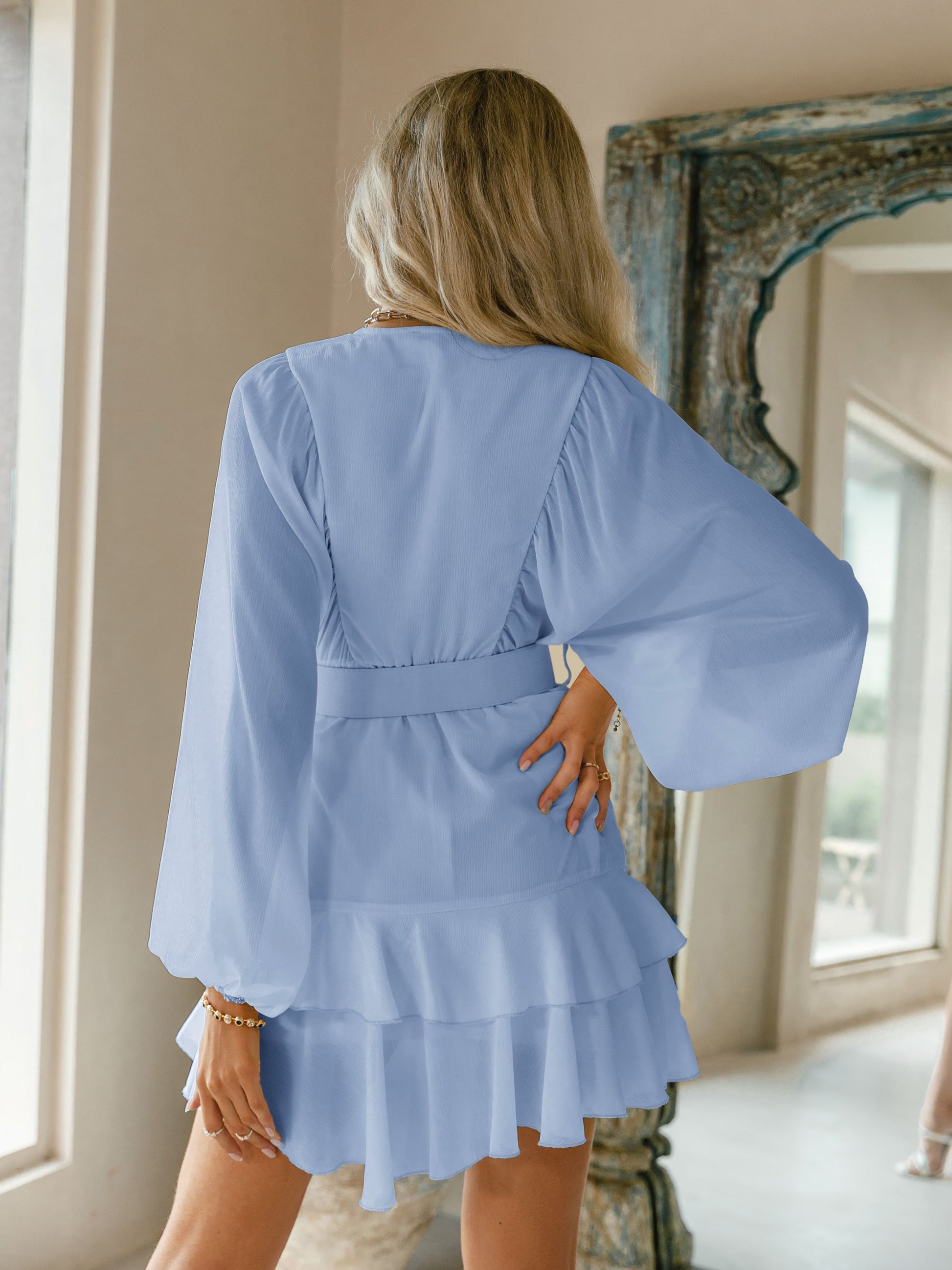 Belt blue plaid batwing long sleeve women dress summer Office ruffle shirt mini dress Casual button A-line Dress - The Clothing Company Sydney