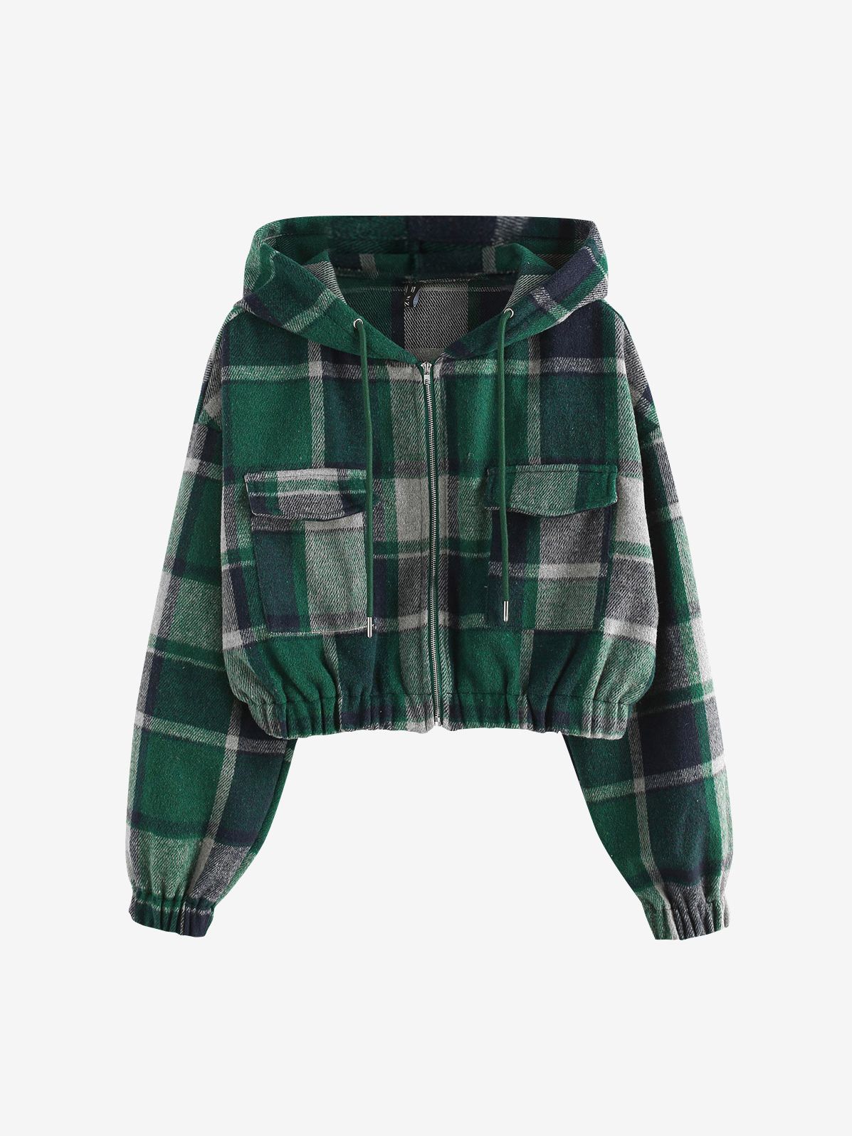 Plaid Flannel Flap Pocket Zip Hooded Jacket Women's Drop Shoulder Coat Zip Up Short Jacket Winter Outwear The Clothing Company Sydney