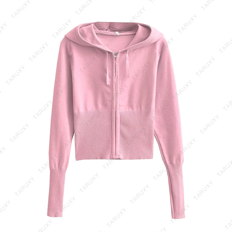 Women's Spring Outfits Casual Zipper Sweater Hoodie Set High Waist Flare Pants Suits Pink Knitted Y2k Two Piece Set The Clothing Company Sydney