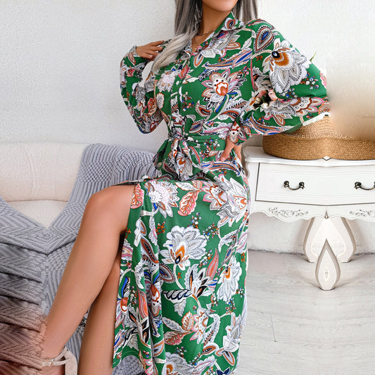 Spring Summer Retro Floral Collar Long Sleeve Tie Up Shirt Dress For Ladies Fashion All Match Print Dresses The Clothing Company Sydney