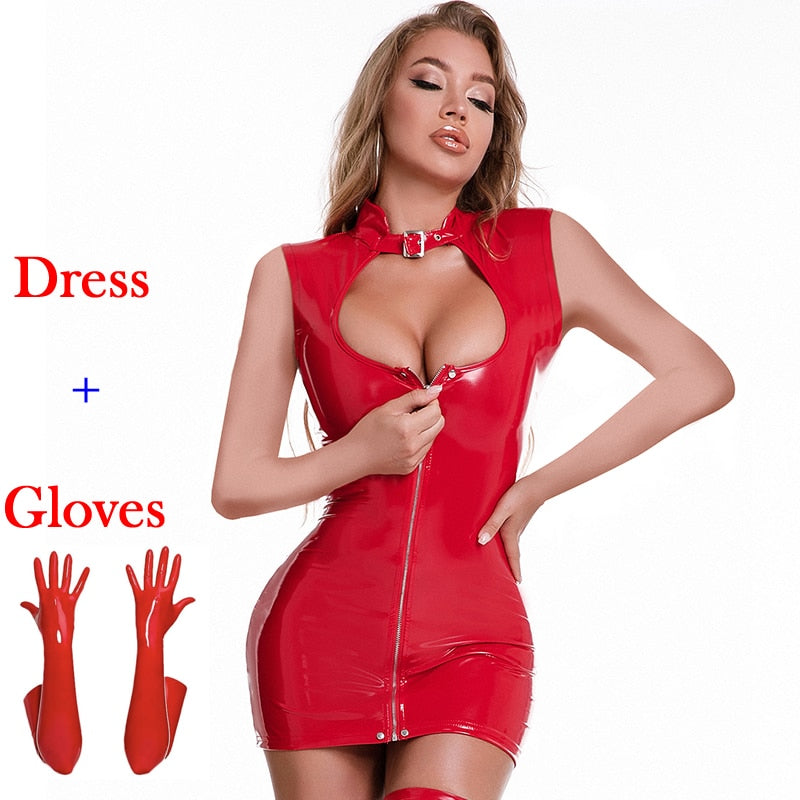 Elastic Bodycon Hollow Out Sleeveless Nightclub Costume Clubwear Street Wear Women Shiny PVC Leather Dresses The Clothing Company Sydney