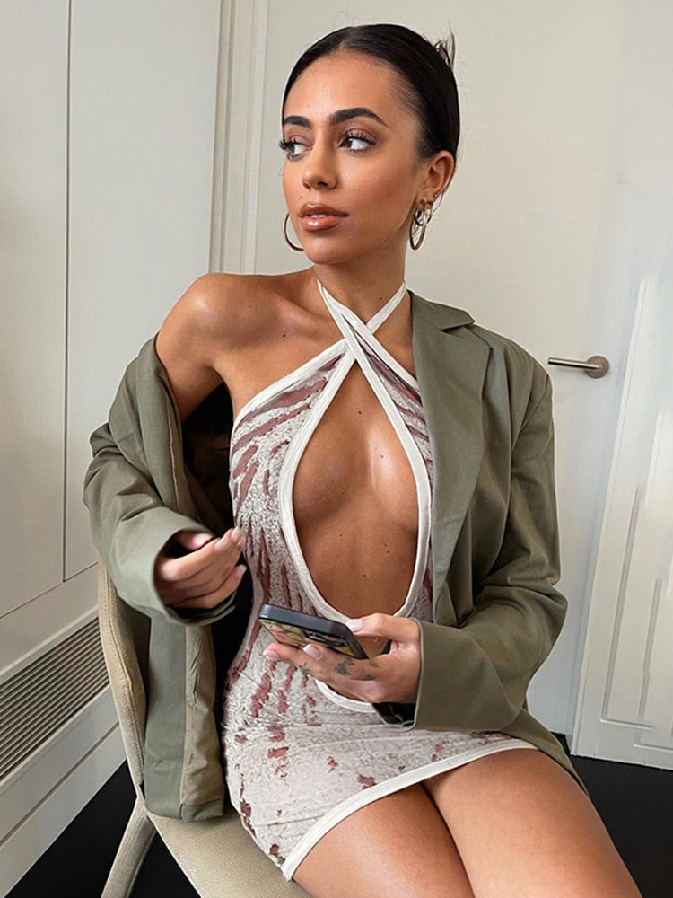 Cross Halter Cut Out Backless Mini Dress Print Sleeveless Bodycon Summer Night Club Party Dress The Clothing Company Sydney