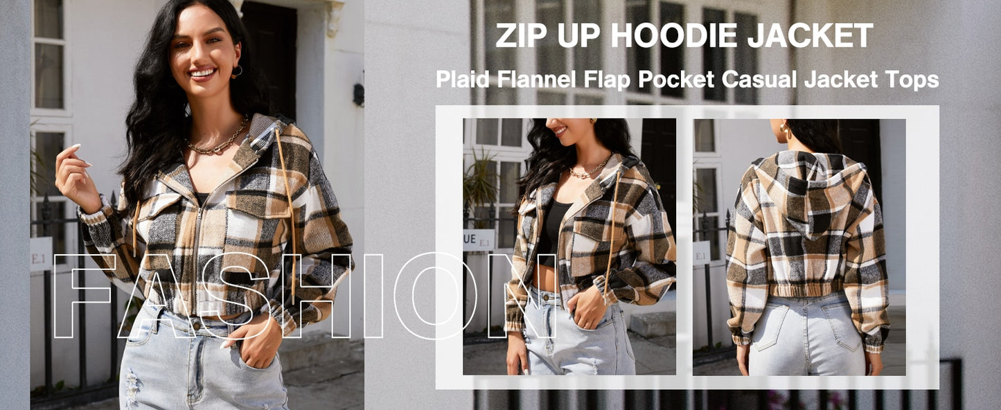 Plaid Flannel Flap Pocket Zip Hooded Jacket Women's Drop Shoulder Coat Zip Up Short Jacket Winter Outwear The Clothing Company Sydney