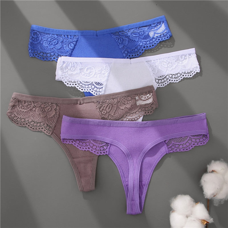 4 Pack set V-Waist Women Cotton G-string Lace Lingerie Panties Thongs Femme Underwear Underpant Intimates The Clothing Company Sydney