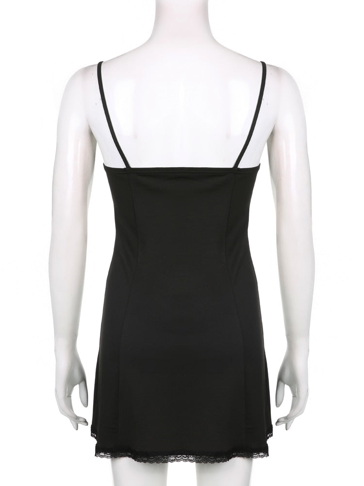 Y2K Retro Lace Patchwork Strap Bow Black Dress Mini Fashion Aesthetic Bow Club Party Dresses for Women Outfits The Clothing Company Sydney