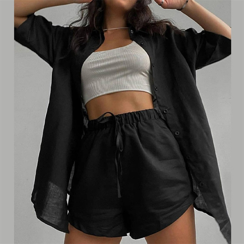 2 Piece Long Sleeve Shirt With Mini Shorts Cotton Stretch Waist Two Pieces Ladies Outfits Blouses Fashion Set The Clothing Company Sydney