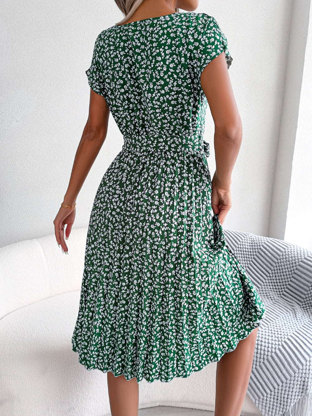 Floral Pleated A Line Long Dress Spring Summer Short Sleeve High Waist Chic Dress The Clothing Company Sydney