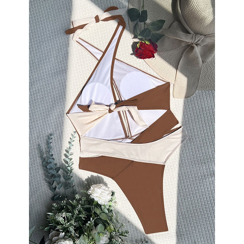 Cut Out Swimsuit One Piece Colorblock Swimwear Wrap Halter Monokini High Cut Bathing Suit Bodysuit Beachwear The Clothing Company Sydney