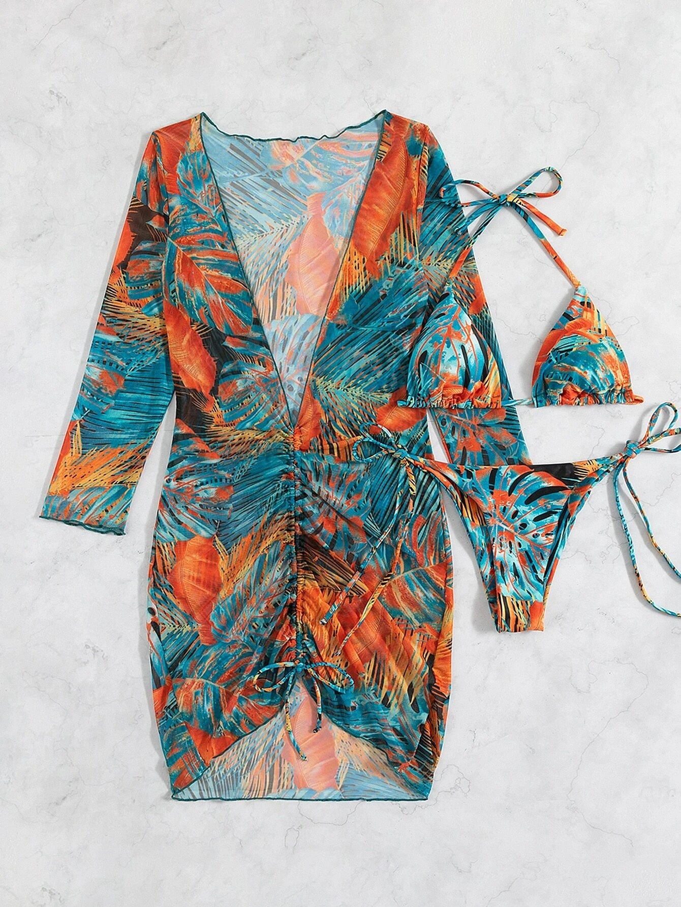 Slit Cuff Plunge Neck Three Piece Bikini Set with Cover Up Plain Swimsuit Women Swimwear Summer Beach Bathing Suit The Clothing Company Sydney