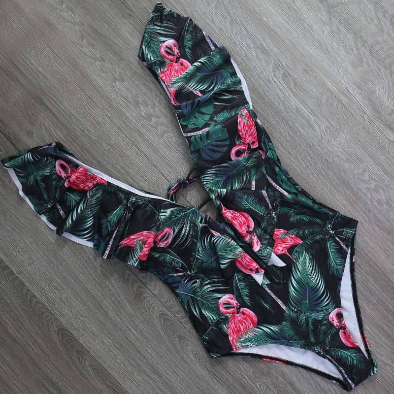 Push Up Bra High Waist V Neck Skinny Bikini Holiday Swimwear Flamingo Ruffle Print One Piece Swimsuit The Clothing Company Sydney