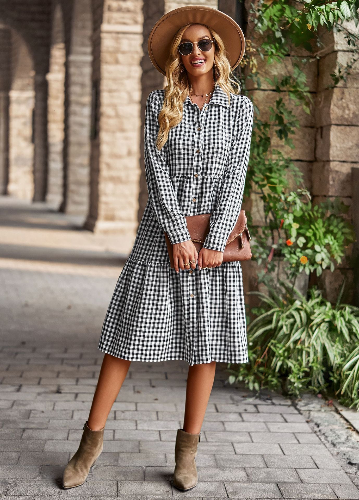 Casual Plaid Shirt Dress For Women Turn Down Long Sleeve Maxi Dress Vintage Single Breasted Patchwork Spring Autumn Dress The Clothing Company Sydney