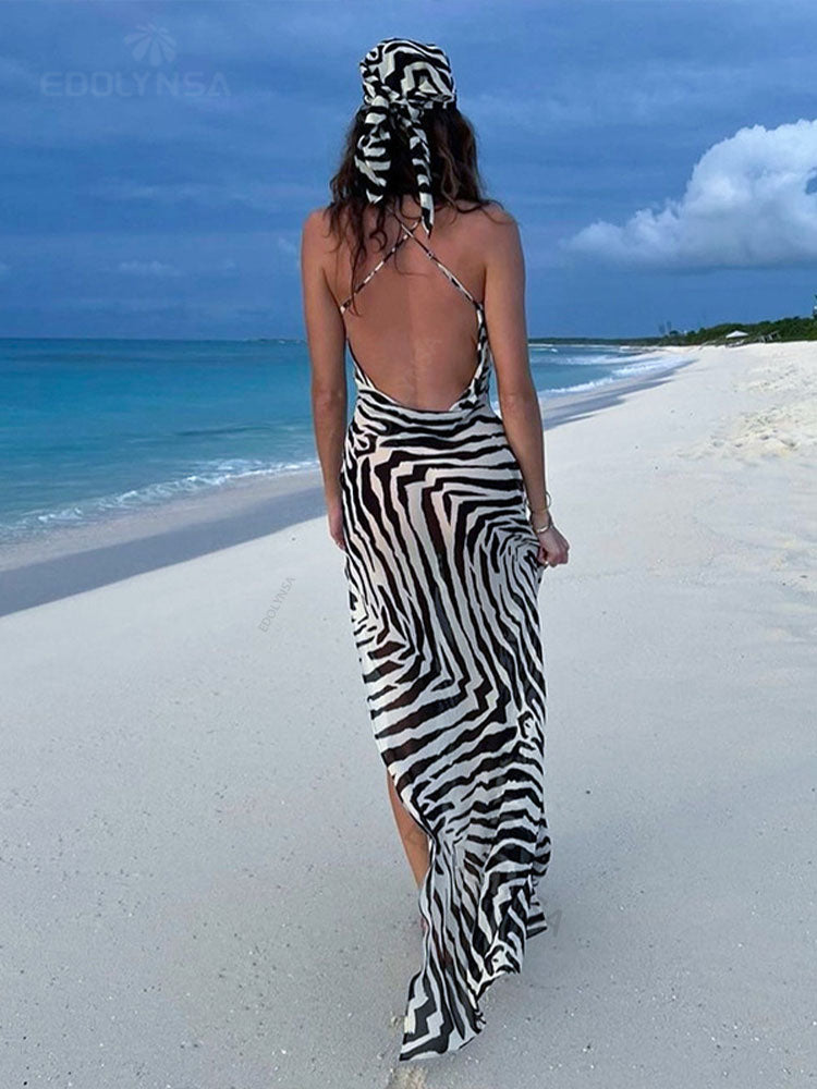 Zebra Pattern Spaghetti Strap Side Split Back Open Long Beach Dress Summer Clothes Women Beach Wear Swim Suit Cover Up The Clothing Company Sydney