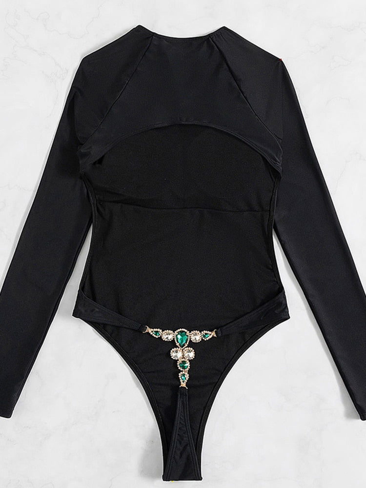 One Piece Swimsuit Swimwear Solid Long Sleeve Backless Rhinestones Diamond Thong Bathing Suit Monokini The Clothing Company Sydney